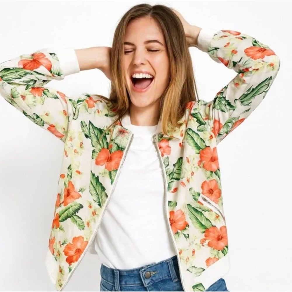 Skies Are Blue Floral Bomber Jacket‎ Women's Medium Lightweight Tropical